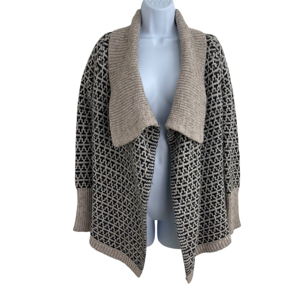 Ellen Tracy Women Tan & Black Geometric Wool Bld Cardigan Sweater Long Sleeve XL